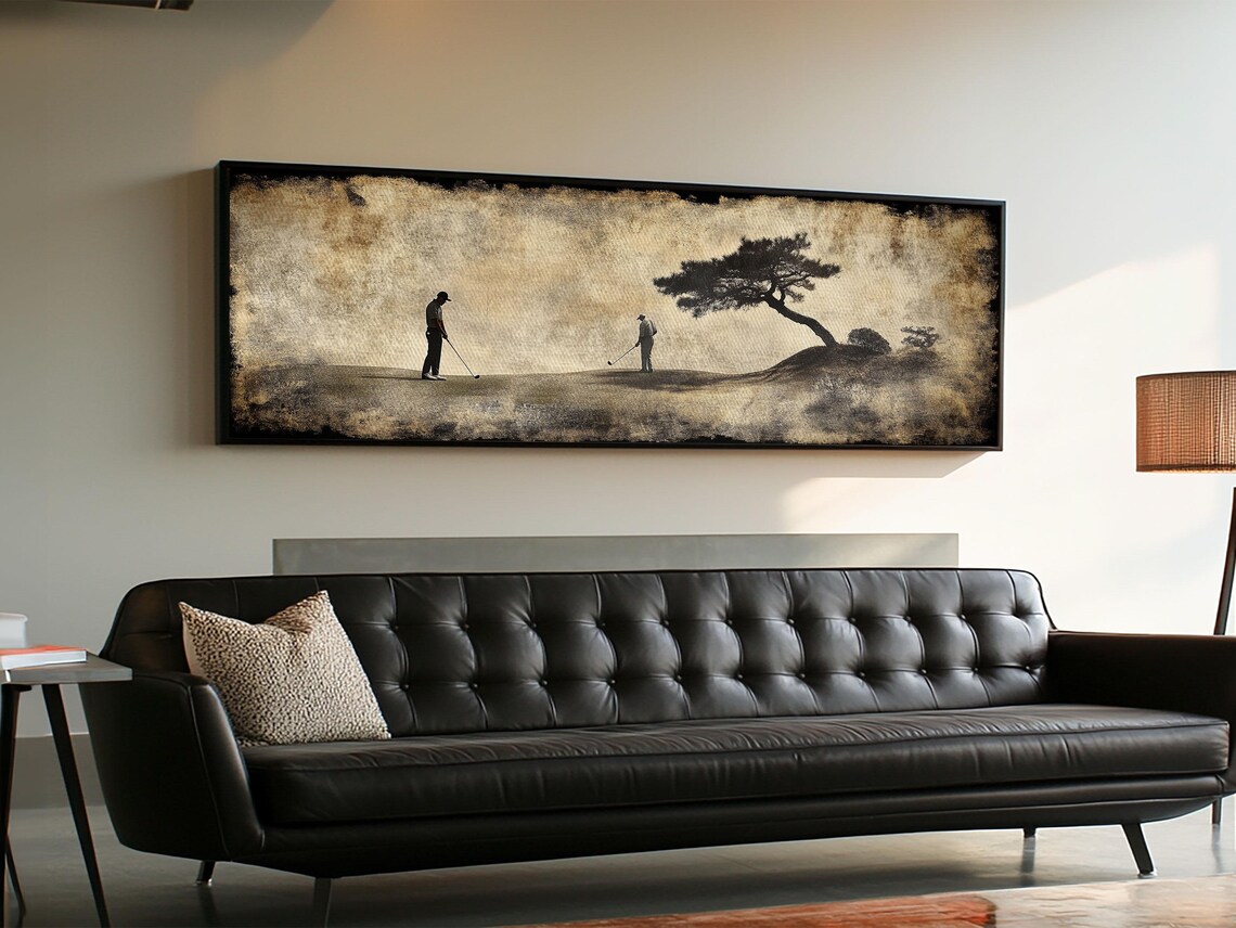 Vintage Golfers Landscape Art Print, Rustic Style