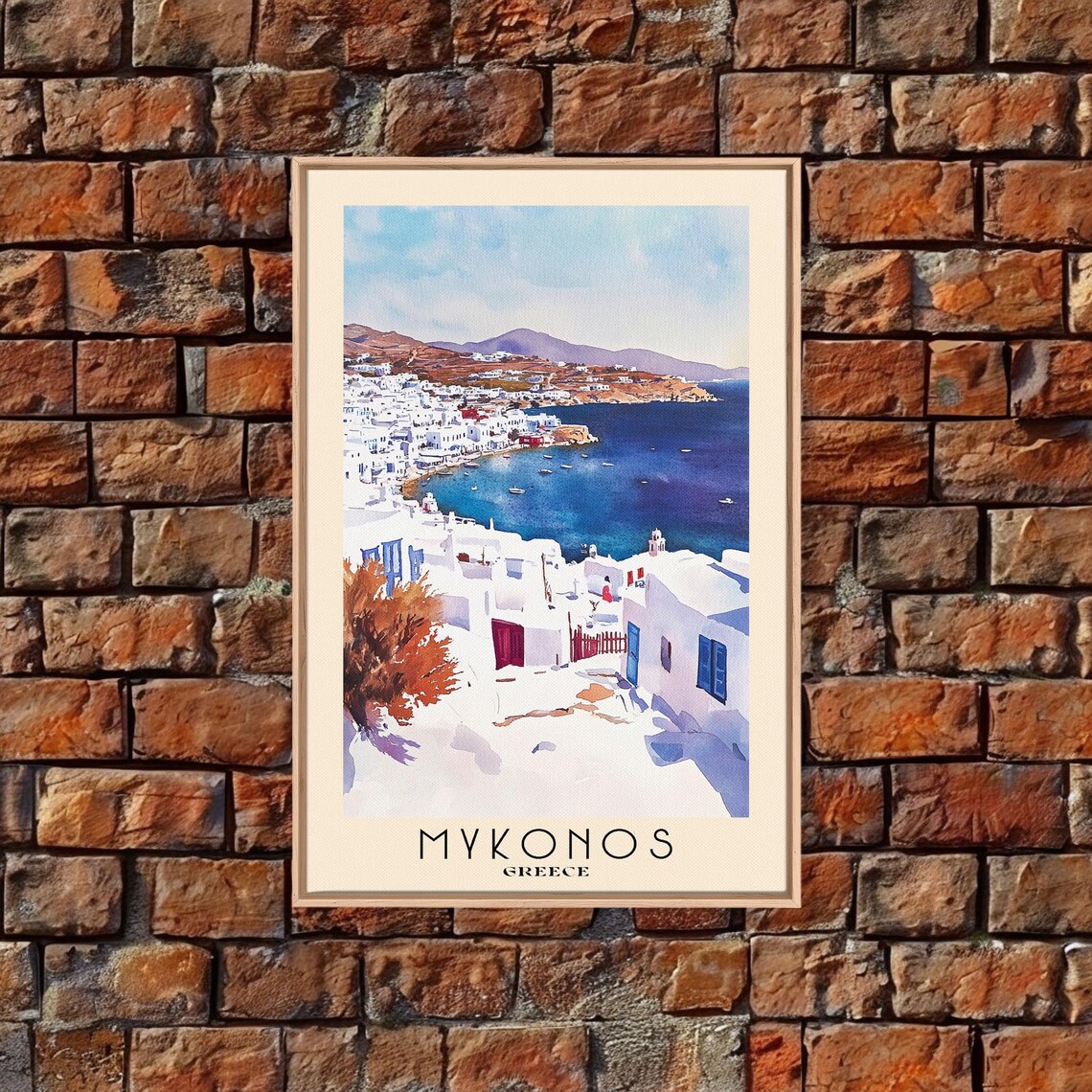 Mykonos Greece White Town Harbor Boats Blue Sea Watercolor Poster - Image 4