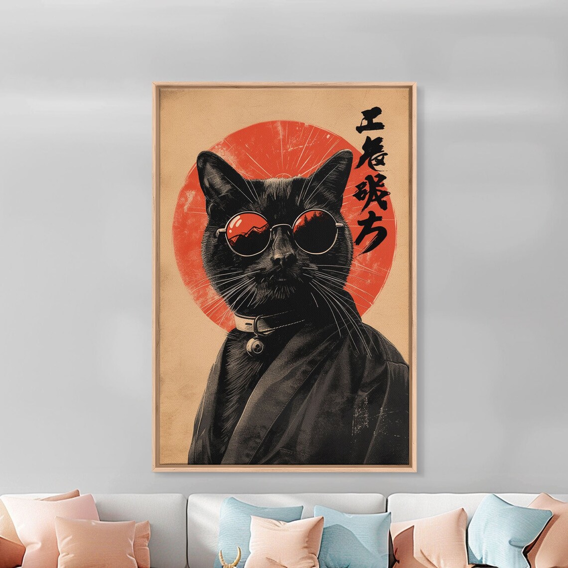 Black Cat Sunglasses Kimono Red Sun Japanese Style Humor Wall Art - Image 2