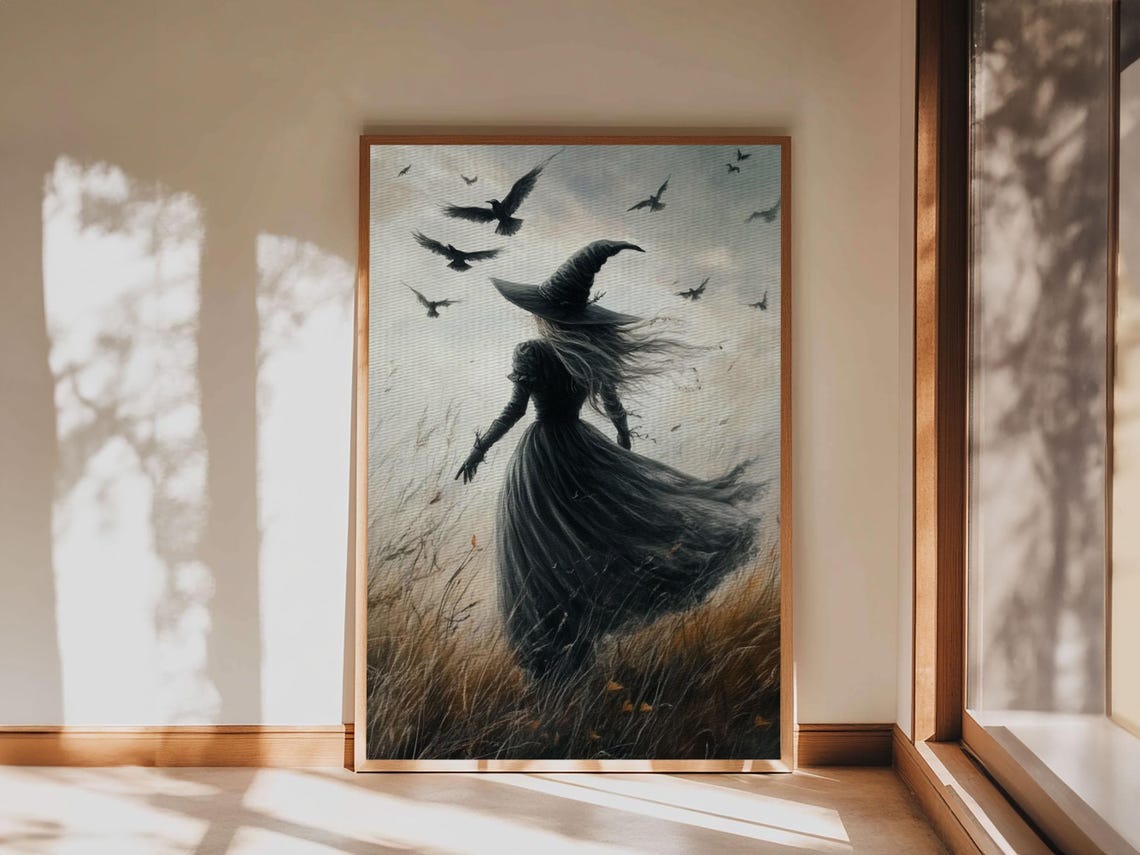 Gothic Witch Walking Windswept Field Ravens Moody Halloween Art Poster - Image 2