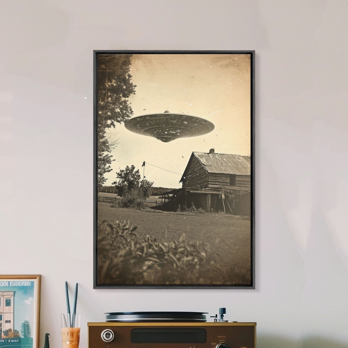 Vintage UFO Flying Saucer Hovering Old Barn Sepia Photo Wall Art