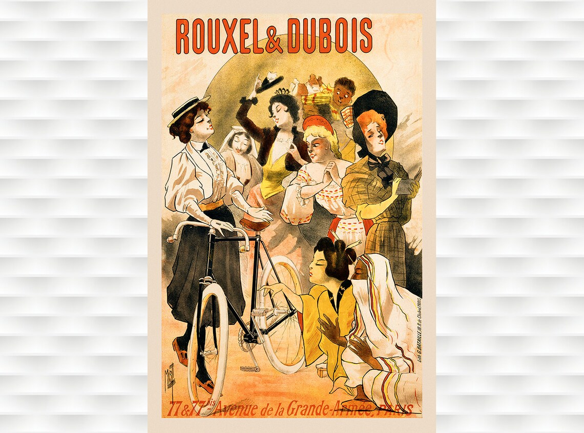 Rouxel and Dubois Paris Women Admiring Bicycle Vintage French Poster