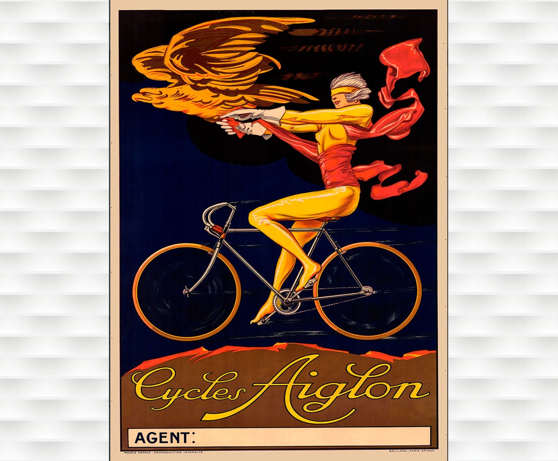 Cycles Aiglon Winged Woman Night Ride Vintage French Bicycle Poster
