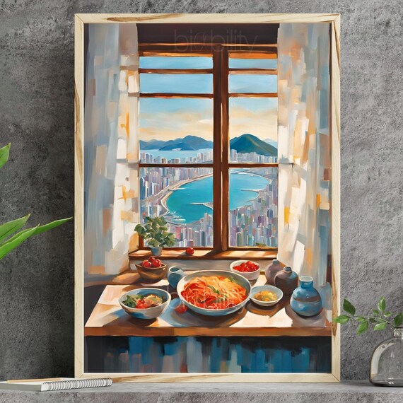 Busan Window Painting Print South Korea Bibimbap Soju Makgeolli Korean Bbq Artwork Budae Jjigae Abstract Matisse Style