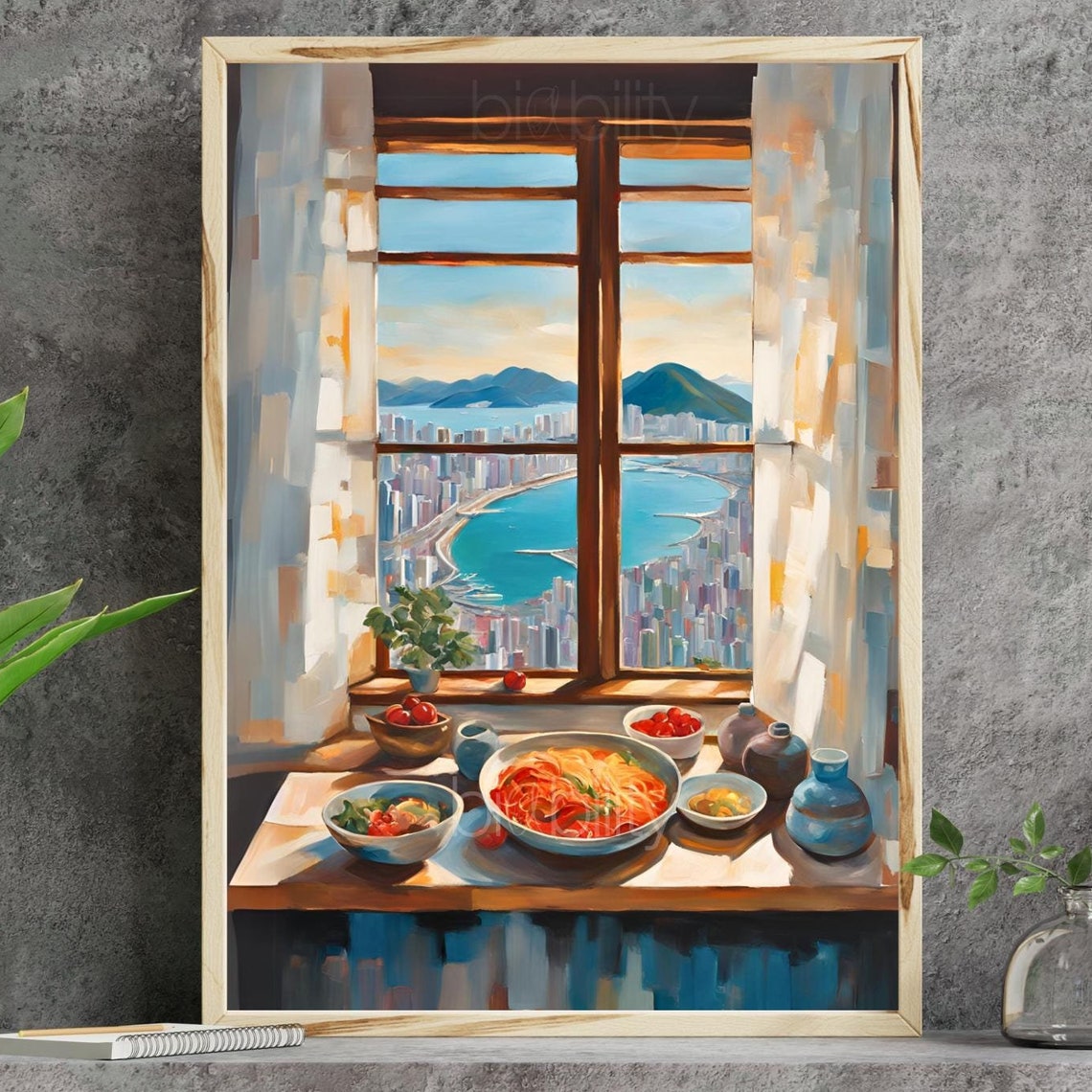 Korean Kitchen Table Window Abstract Painting Seaside Bay View Poster
