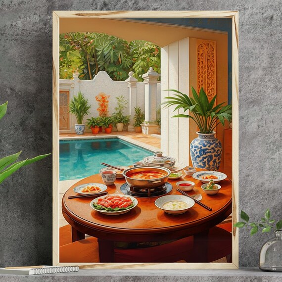 Tropical Hotpot By The Pool Asian Feast Oil Painting Food Poster
