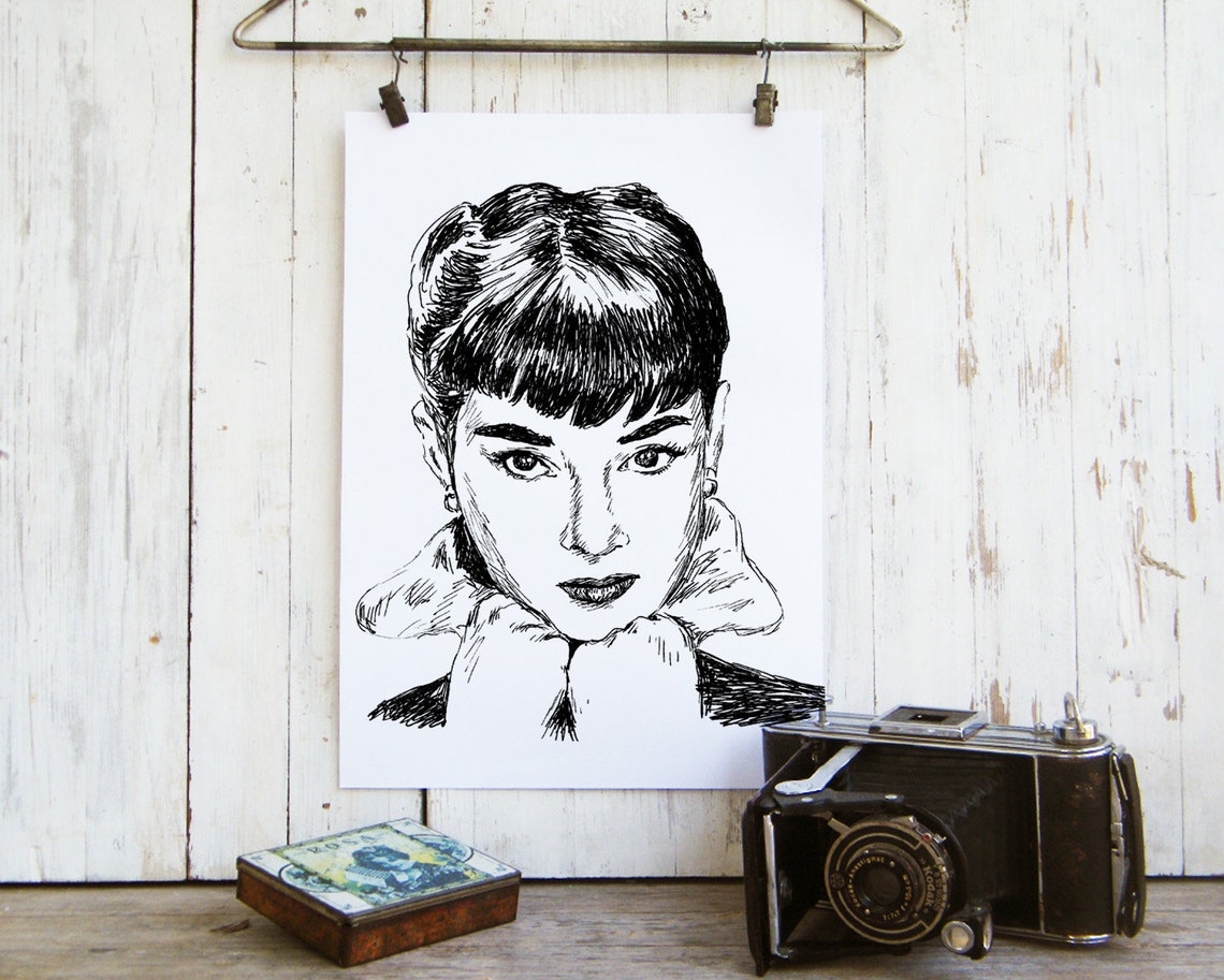 Audrey Hepburn Ink Portrait Black White Hollywood Icon Sketch Print - Image 2