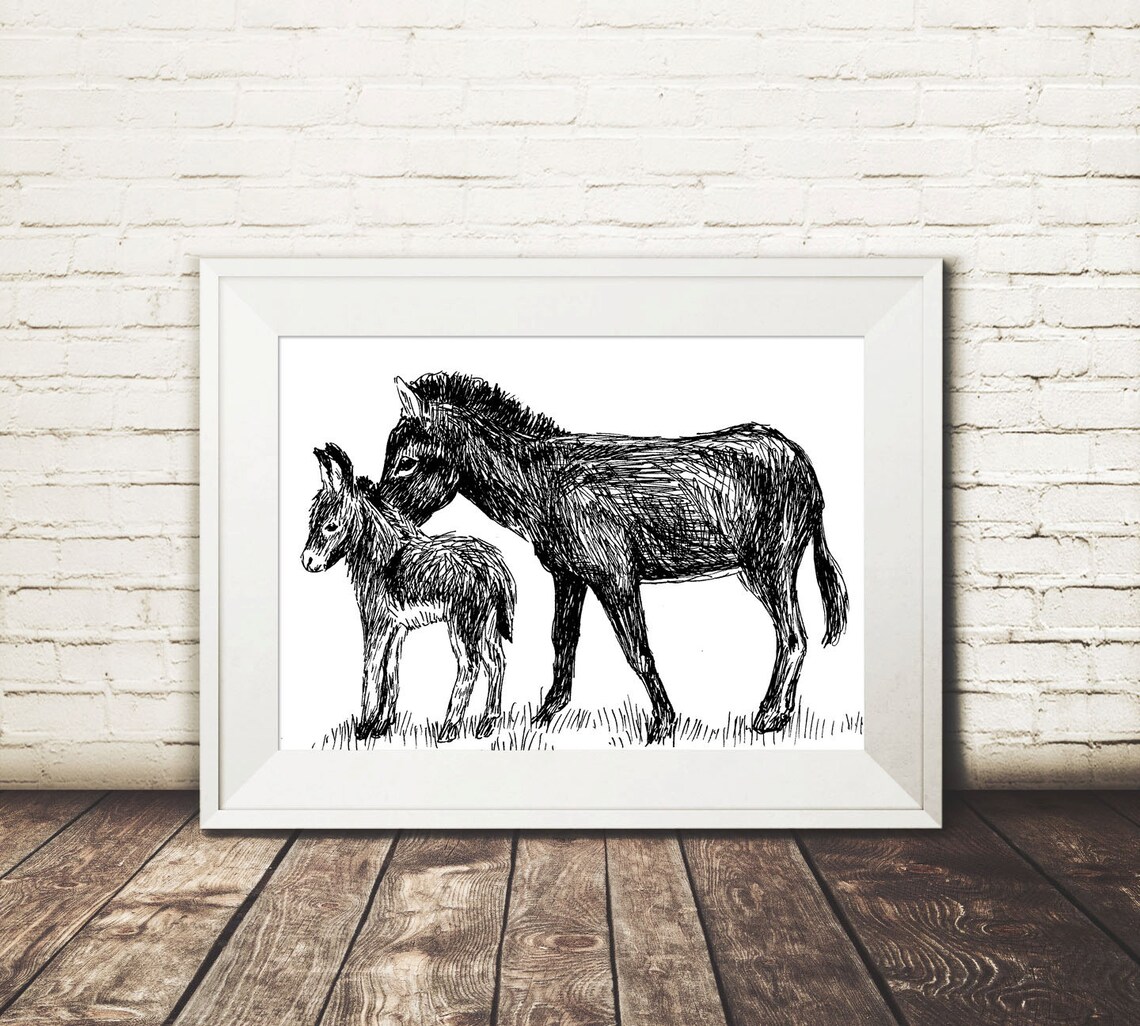 Donkey and Foal Ink Sketch Poster Sweet Mother Baby Animal Nursery Decor - Image 3