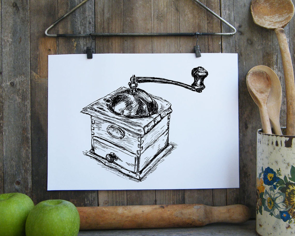 Antique Coffee Grinder Pen Sketch Vintage Kitchen Art Poster - Image 3
