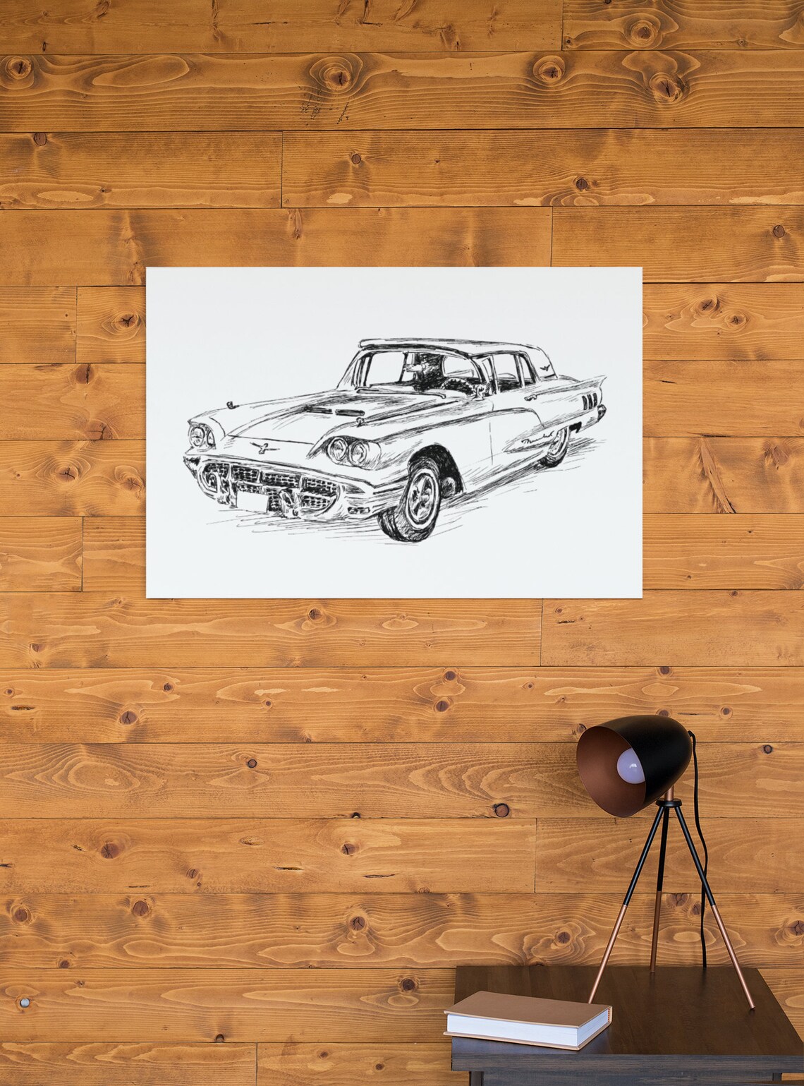 Ford Thunderbird Classic Car Ink Sketch Vintage Auto Line Print - Image 3
