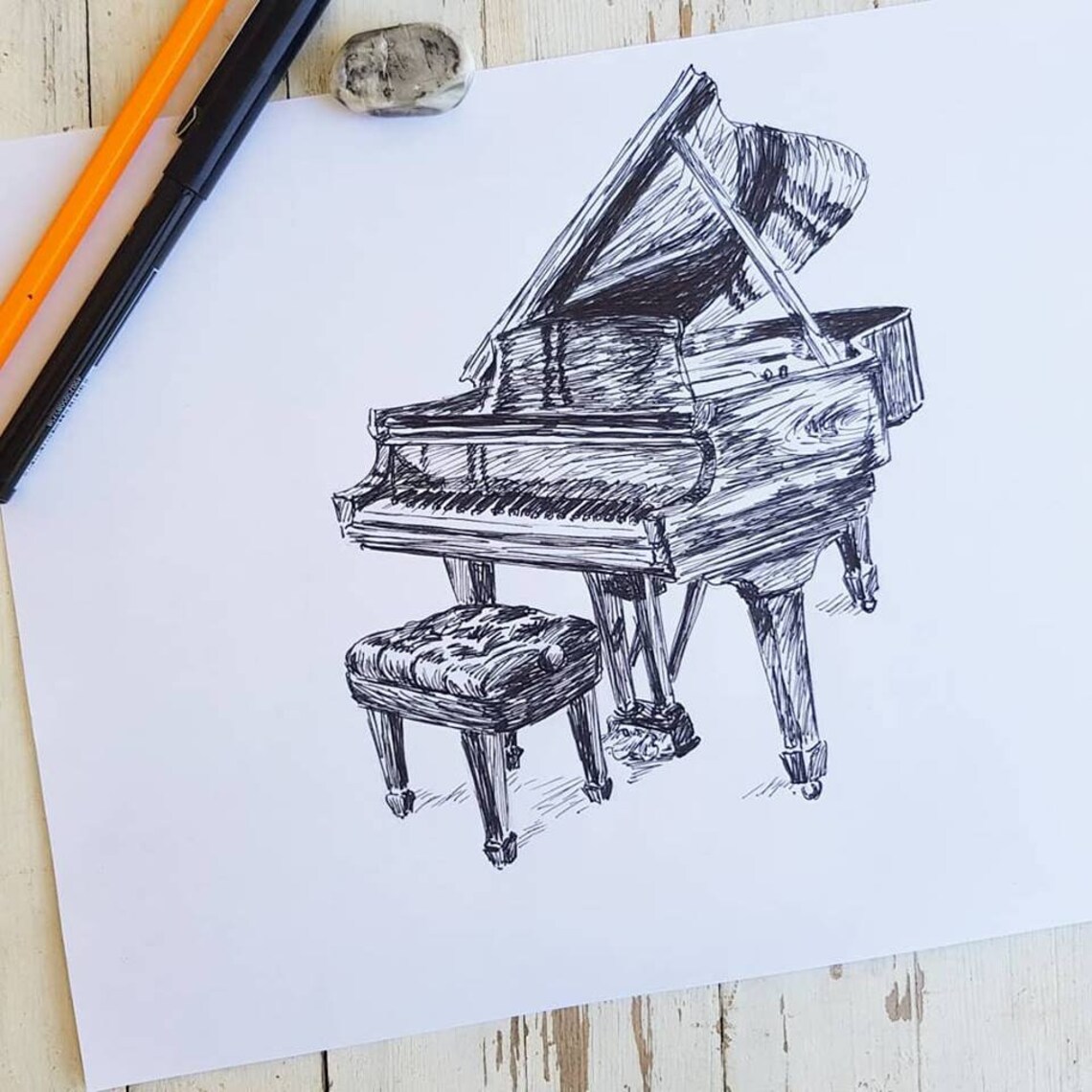 Grand Piano Black And White Ink Sketch Music Instrument Drawing Poster - Image 3