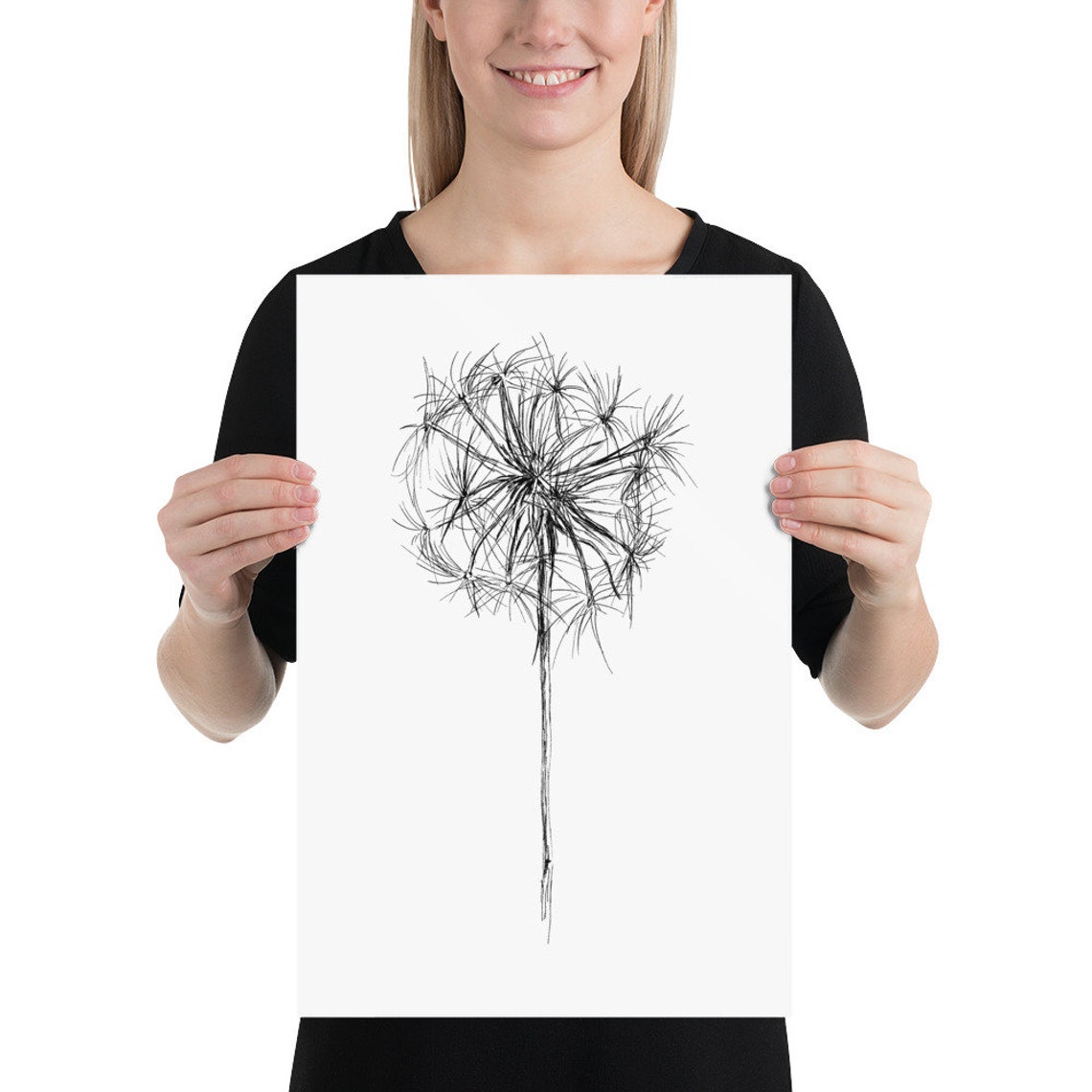 Dandelion Puff Minimalist Black White Botanical Sketch Art Print - Image 2