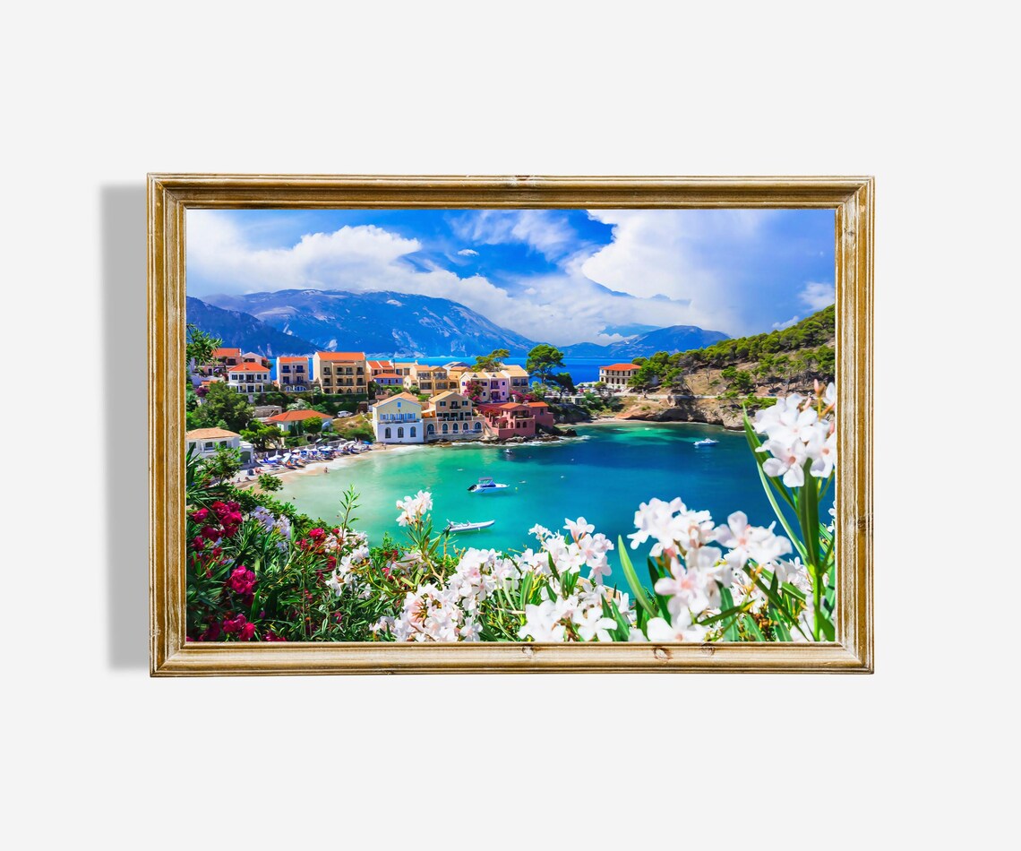 Greek Island Harbor Village Colorful Boats Floral Oil Painting Poster