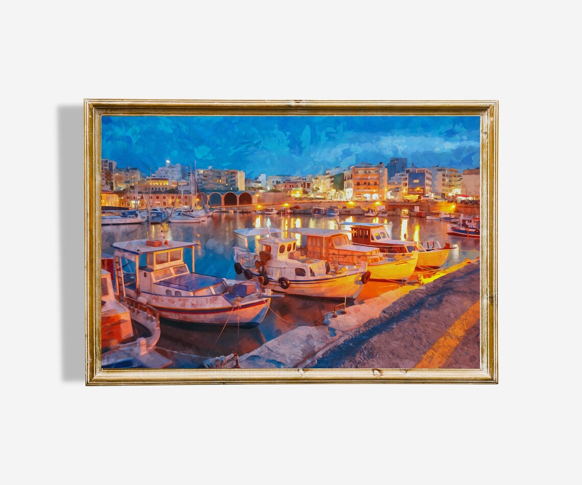 Greek Fishing Boats, Crete Harbor Watercolor Art Print