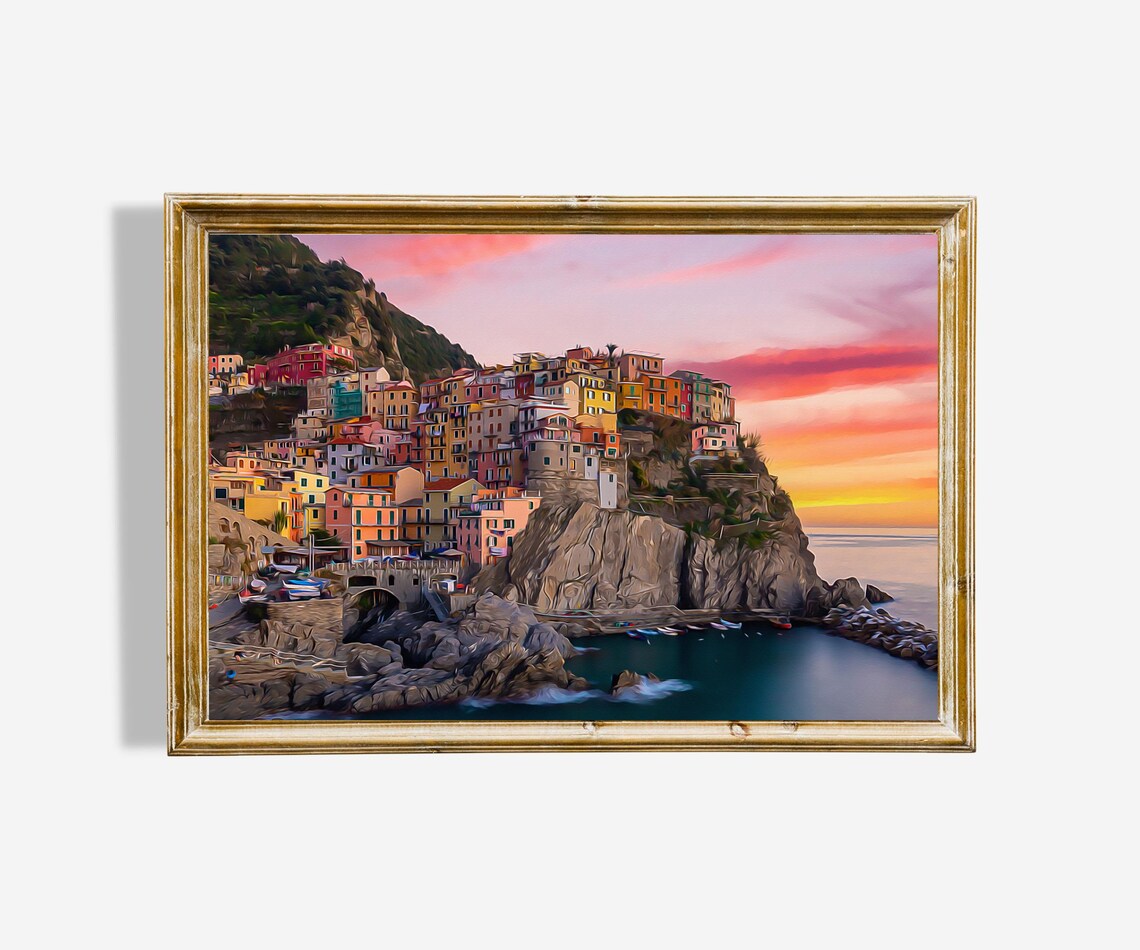 Colorful Italian Coastal Cliffside Village Sunset Oil Painting Poster