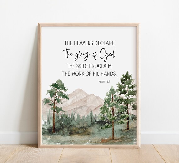Psalm 191 The Heavens Proclaim Glory Of God Bible Verse Wall Art Scripture Print Christian Gift Watercolor Landscape Mountain Tree