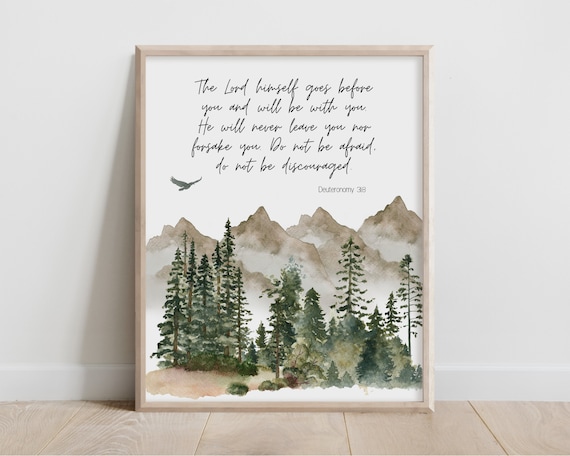 Deuteronomy 31 8 Bible Verse Mountain Forest Watercolor Wall Art