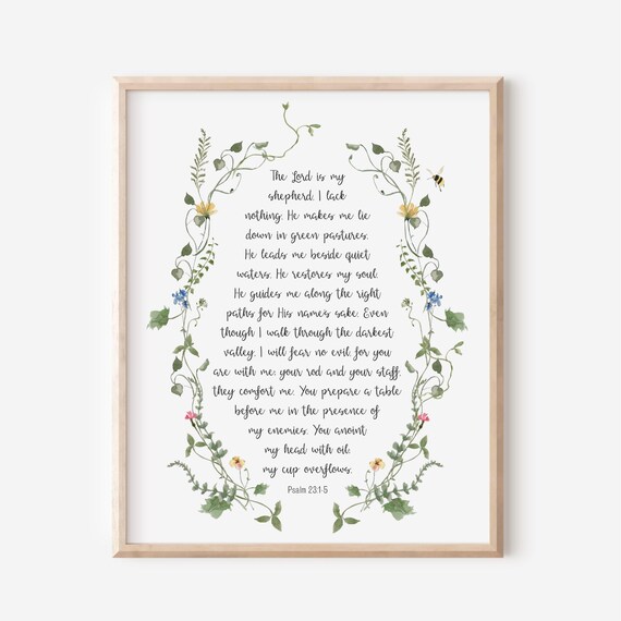 Psalm 23 The Lord Is My Shepherd I Shall Not Want Bible Verse Wall Art Christian Gift For Women Scripture Print Watercolor Wildflowers