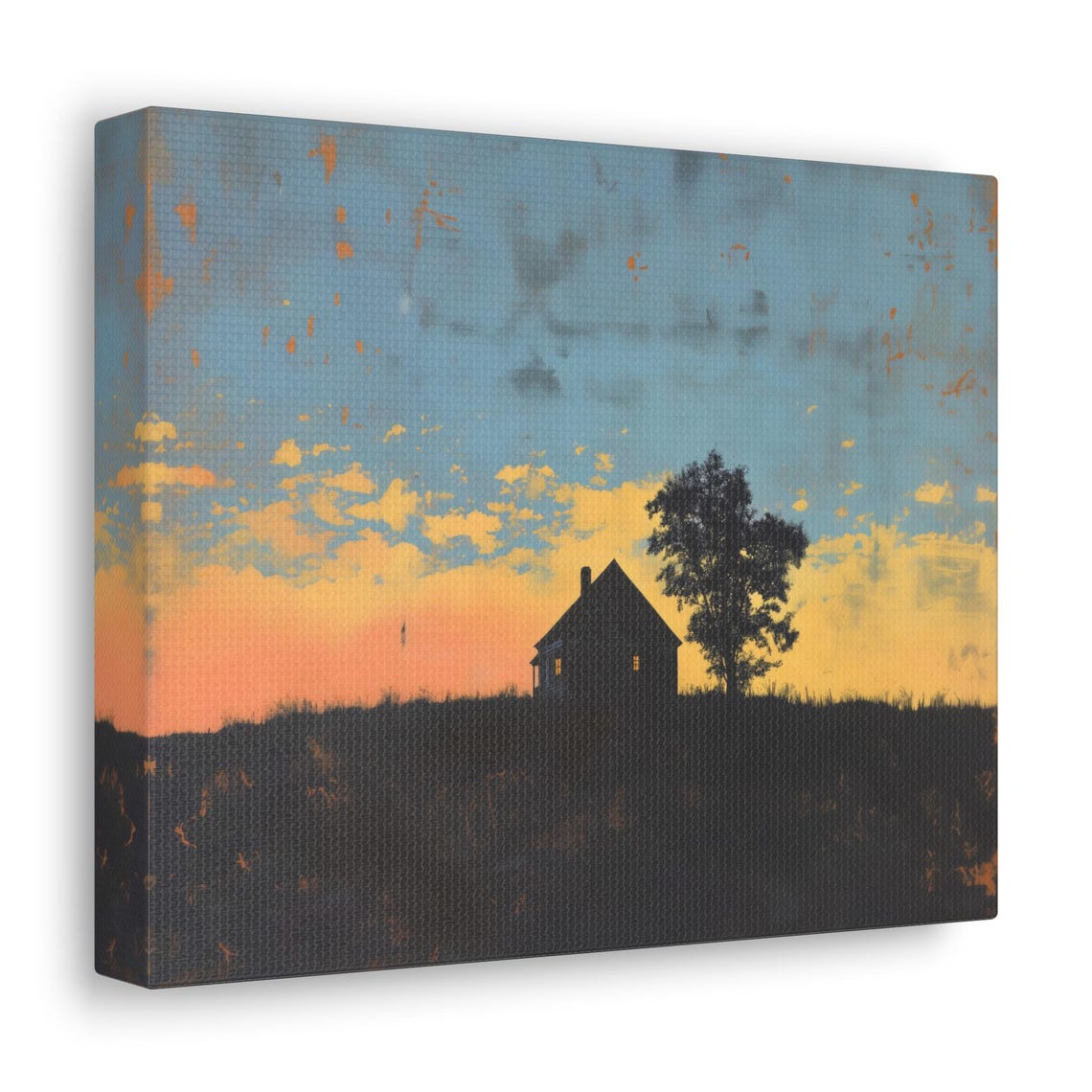 Lonely Farmhouse Silhouette Hill Moody Orange Blue Sunset Print - Image 2
