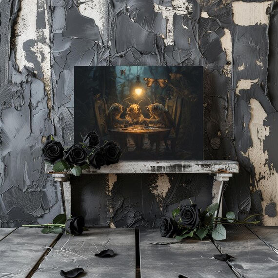 Three Moth Creatures Playing Cards Under a Hanging Lamp Dark Fantasy Poster