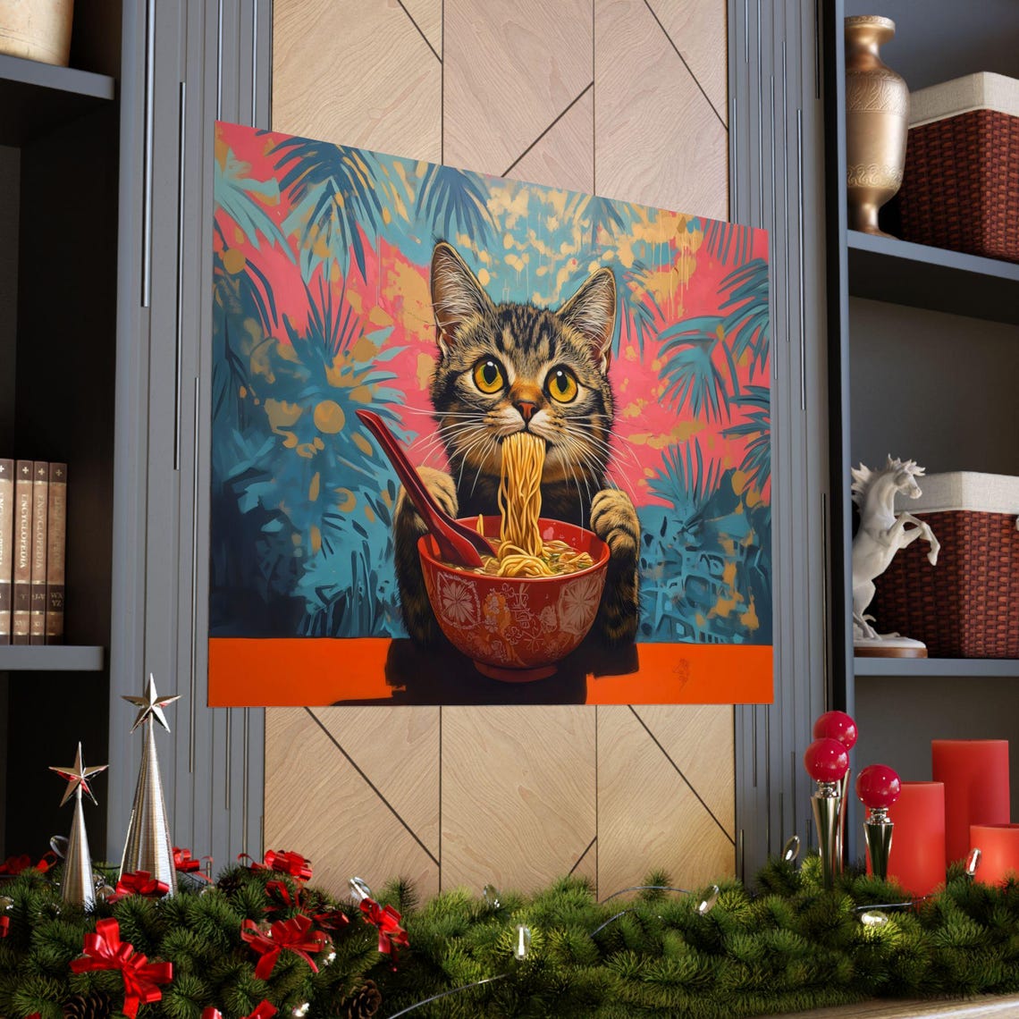 Tabby Kitten Eating Noodles Vibrant Jungle Palm Tree Art Print - Image 3