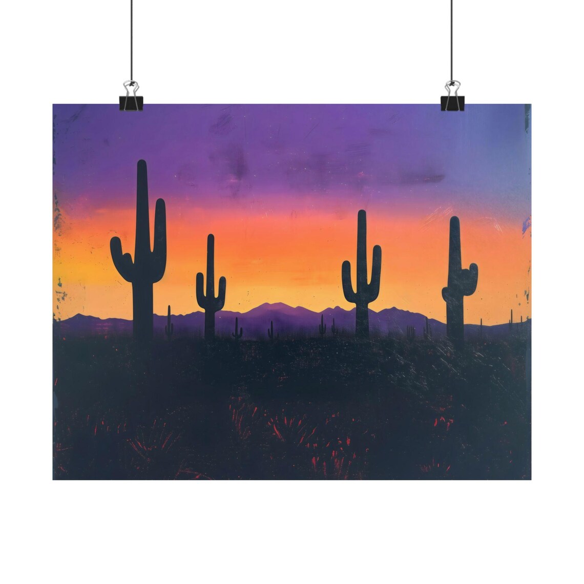 Southwest Saguaro Cactus Row Silhouette Fiery Sunset Sky Poster