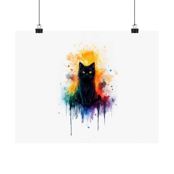 Sleek Black Cat in Fiery Rainbow Watercolor Splash Art Poster