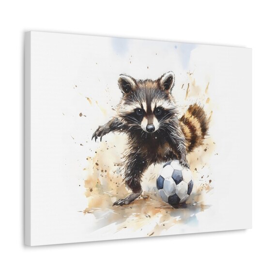 Raccoon Playing Soccer Watercolor Painting Cute Ball Action Sport Poster
