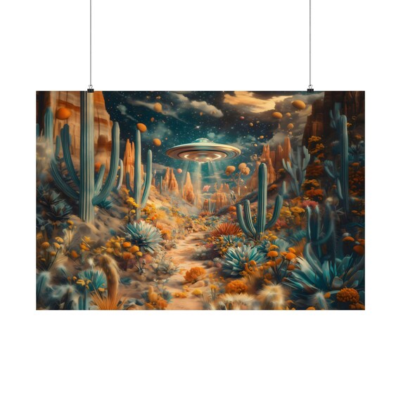 Wild Ufo Desert Poster Print Weird Ufo Landscape Modern Painting Fantasy Nature Rustic Wall Print Airbnb Art Wall Decor