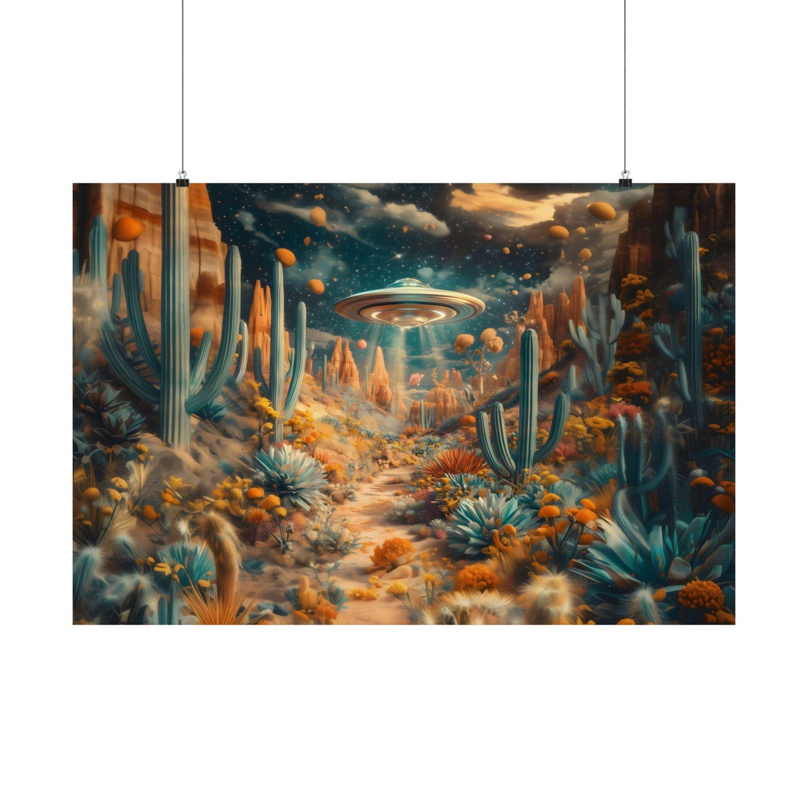 UFO Hovering Over Desert Canyon Night Cactus Alien Landscape Poster