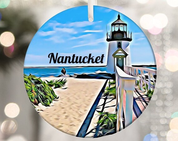 Nantucket Lighthouse Watercolor Christmas Ornament Gift Print