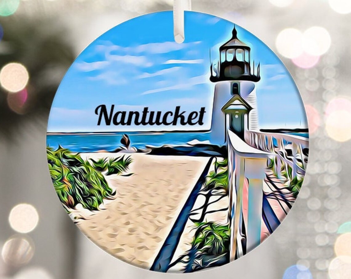 Nantucket Lighthouse Watercolor Christmas Ornament Gift Print