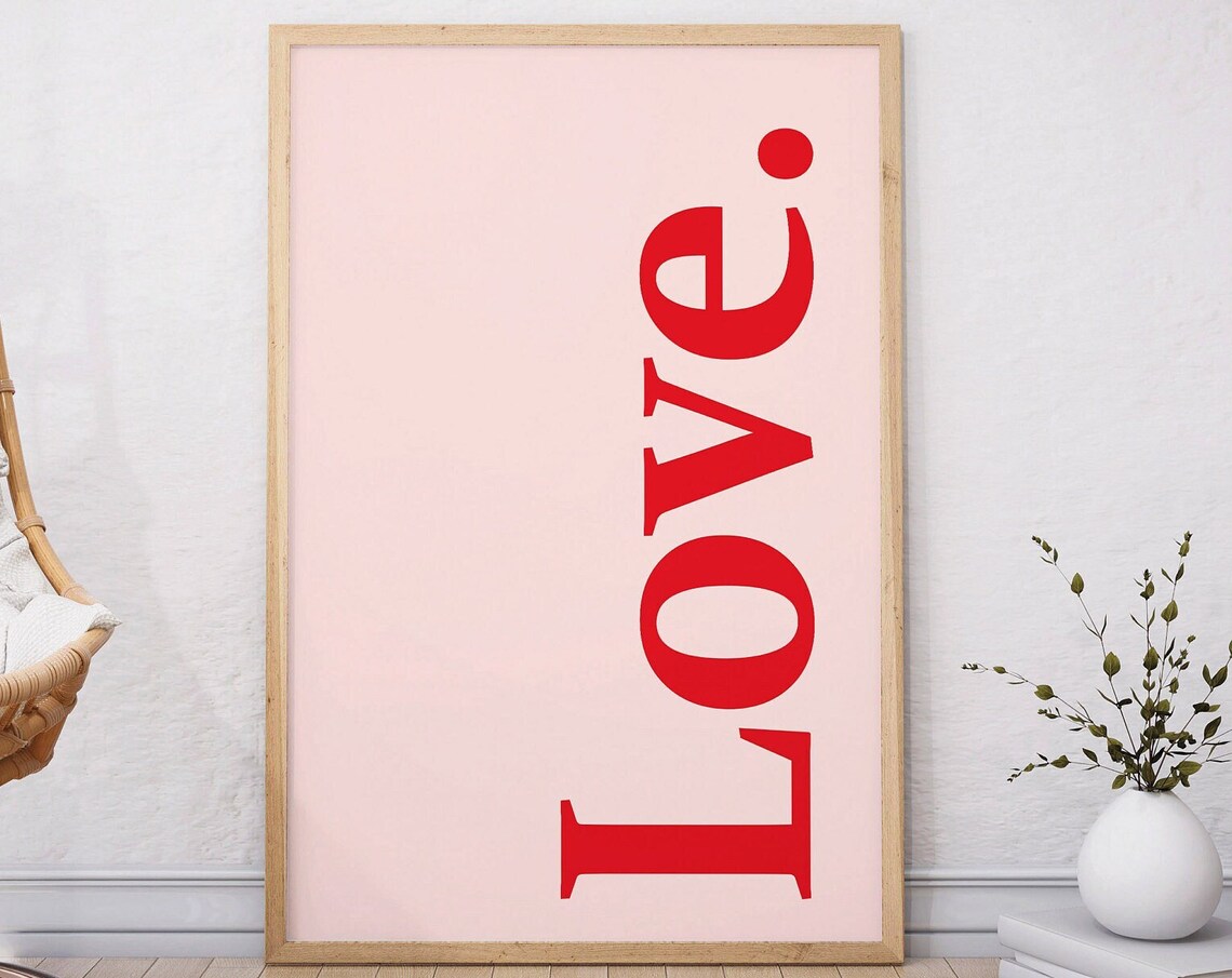 Love Red Typography Blush Pink Minimalist Modern Decor Wall Art