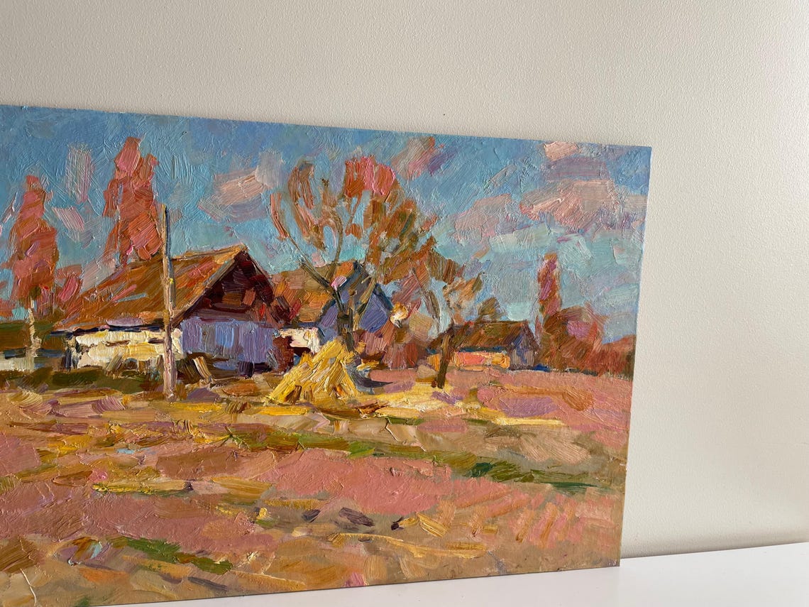Rural Village Wooden House Haystack Autumn Impressionist Oil Painting - Image 2