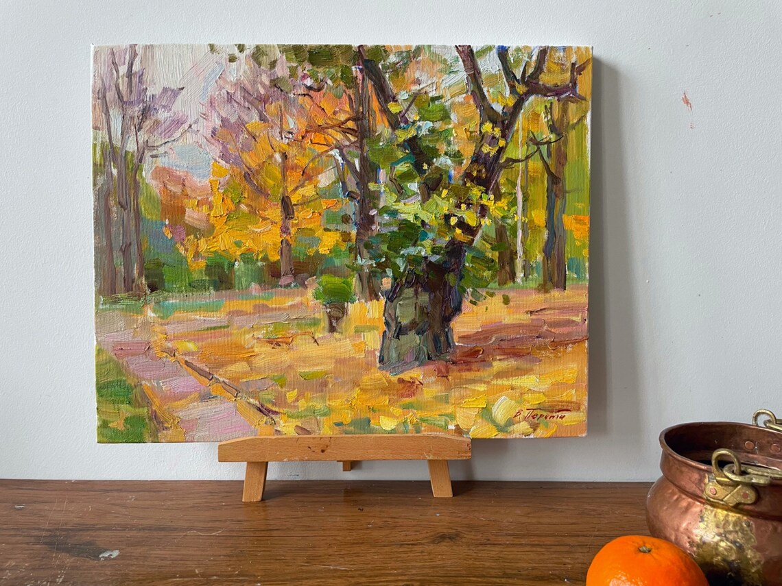 Autumn Park Old Tree Golden Leaves Path Impressionist Oil Painting Art - Image 4
