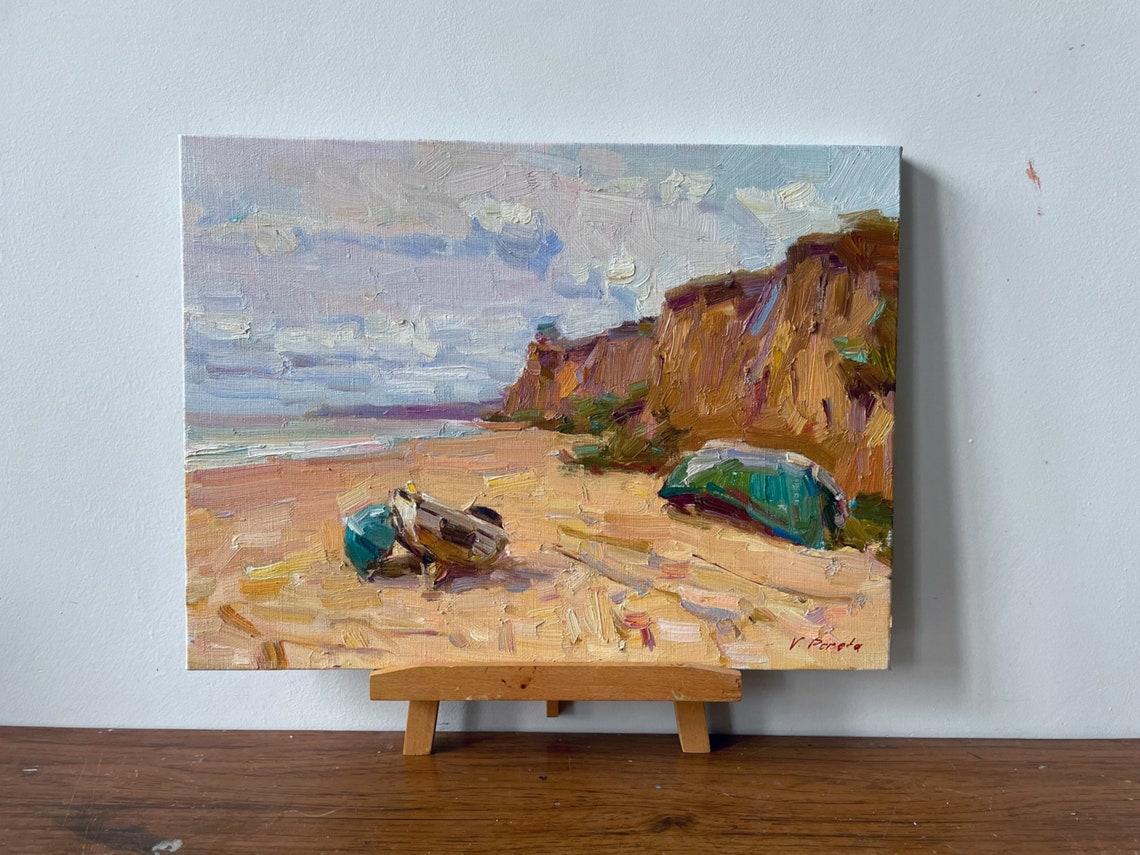 Beach Cliffs Fishing Boats Seaside Impressionist Oil Painting Art - Image 4