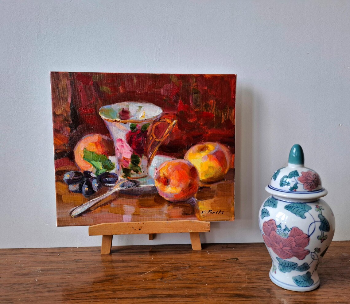 Peaches Floral Teacup Fruit Still Life Impressionist Oil Painting Art