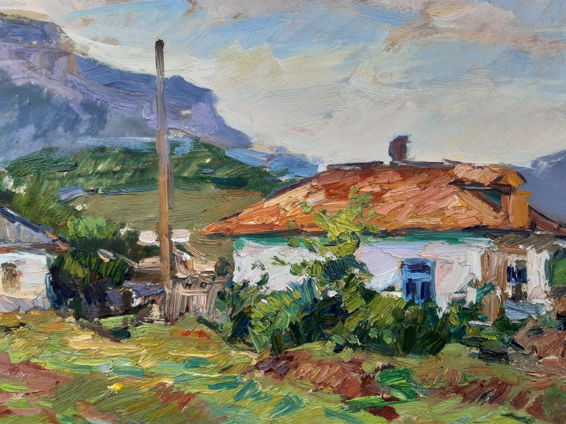 Mountain Village Blue Peaks Rustic Houses Impressionist Oil Painting - Image 5