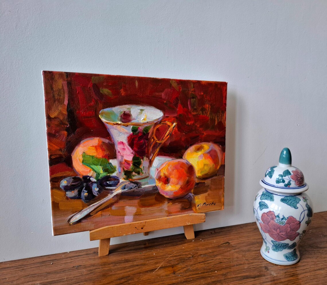 Peaches Floral Teacup Fruit Still Life Impressionist Oil Painting Art - Image 4