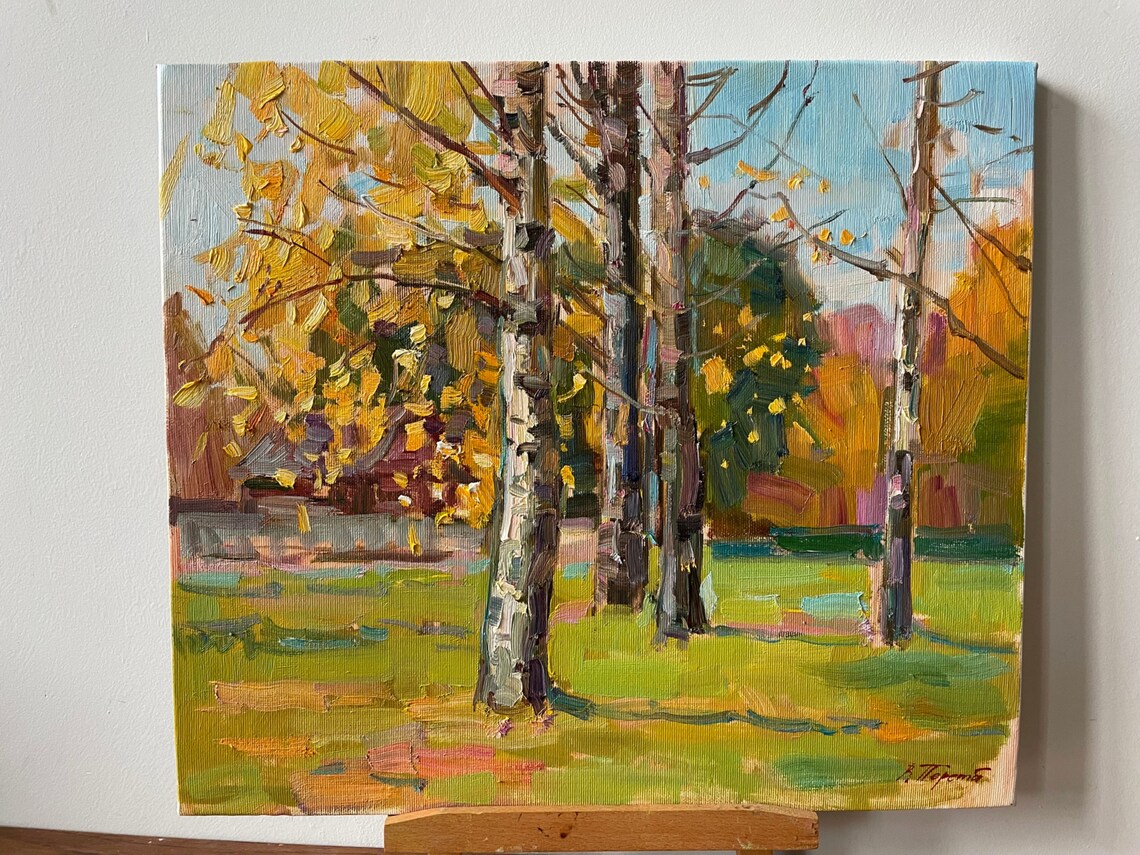 Autumn Park Birch Trees Golden Foliage Impressionist Oil Painting Art - Image 3