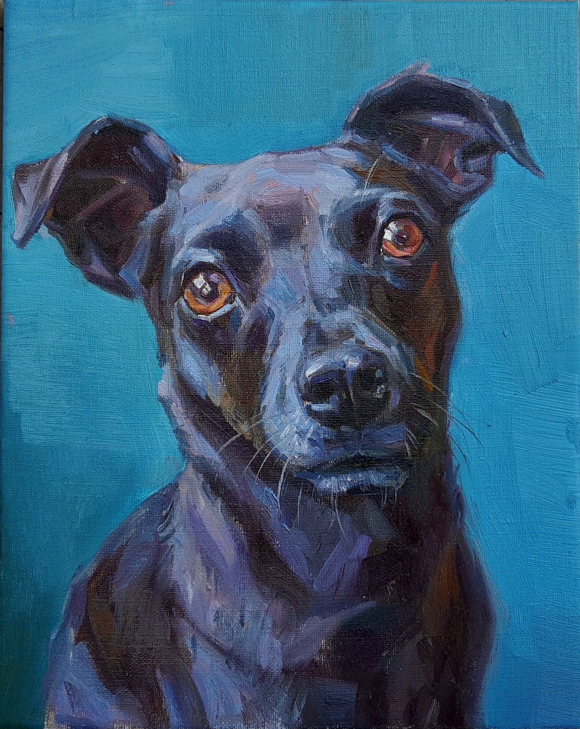 Black Dog Portrait Teal Background Expressive Oil Painting Pet Art