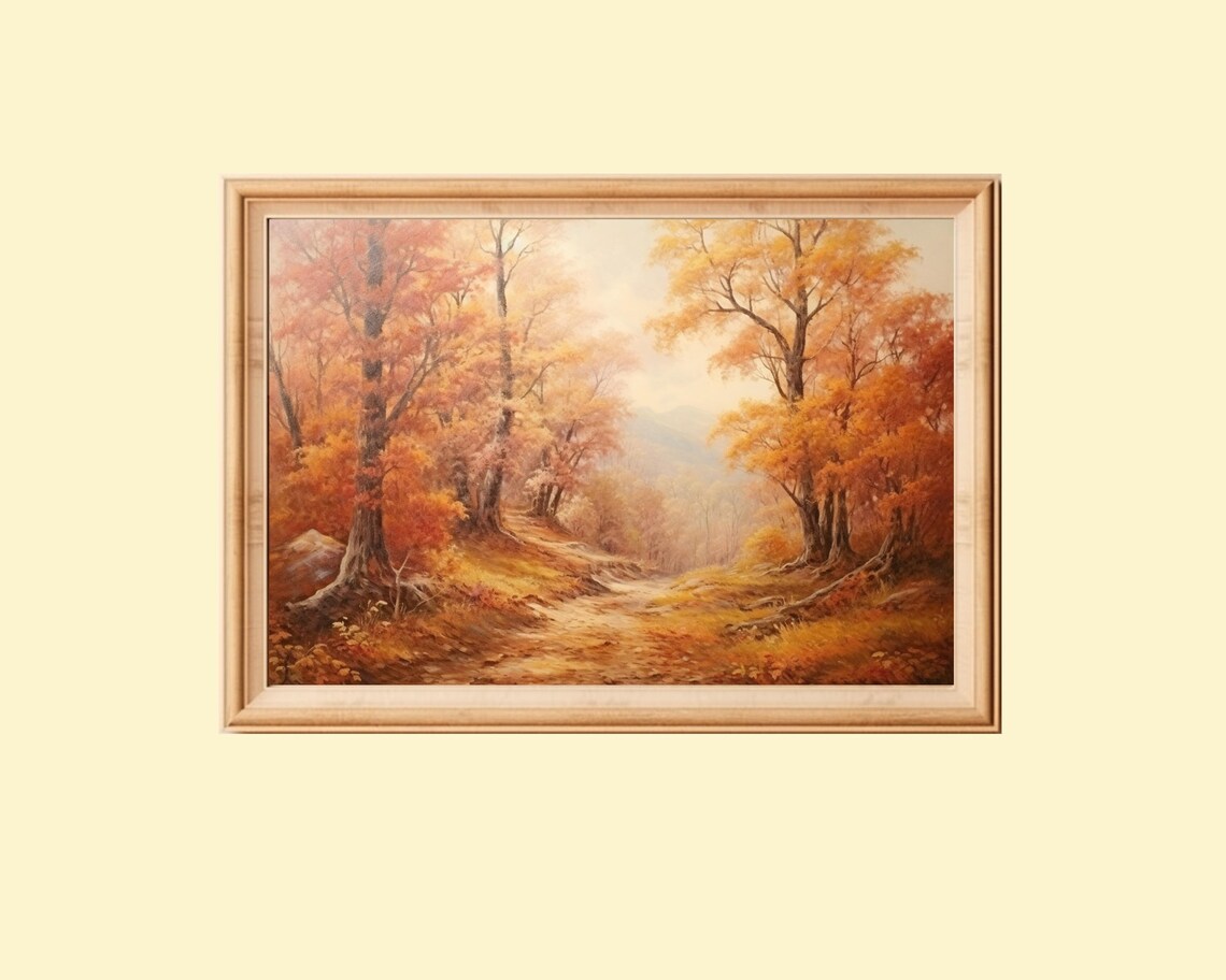 Autumn Landscape Painting, Vintage Rustic Forest Path