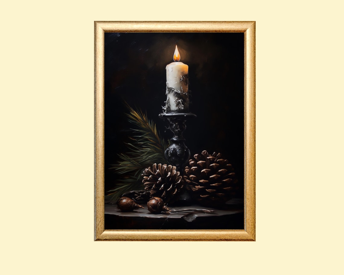 Dark Christmas Still Life Painting, Moody Winter Decor