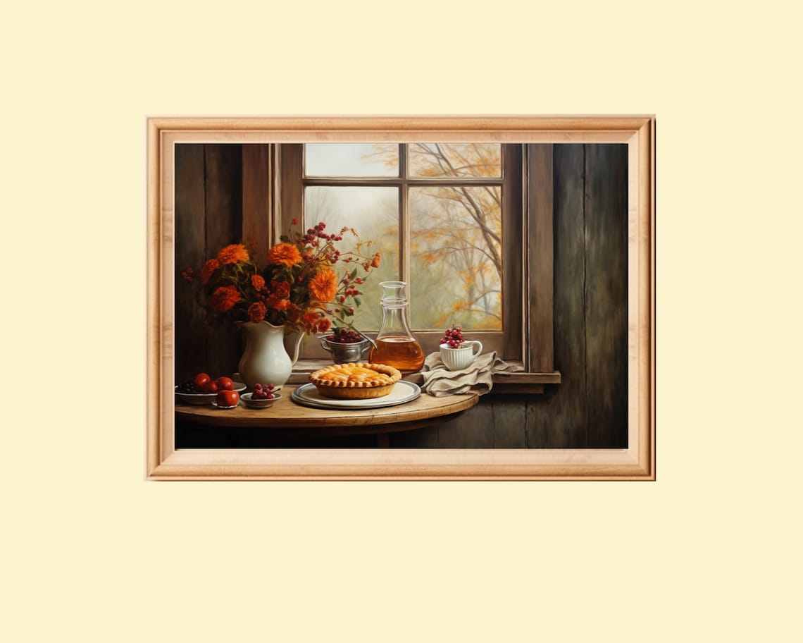Vintage Rustic Still Life Painting, Thanksgiving Decor