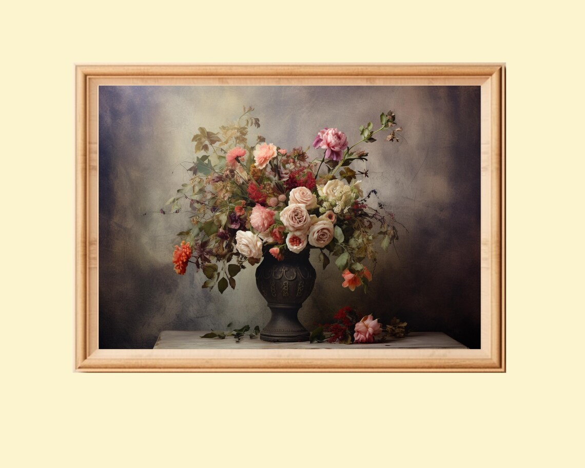 Dark Floral Still Life Painting, Vintage Rustic Decor