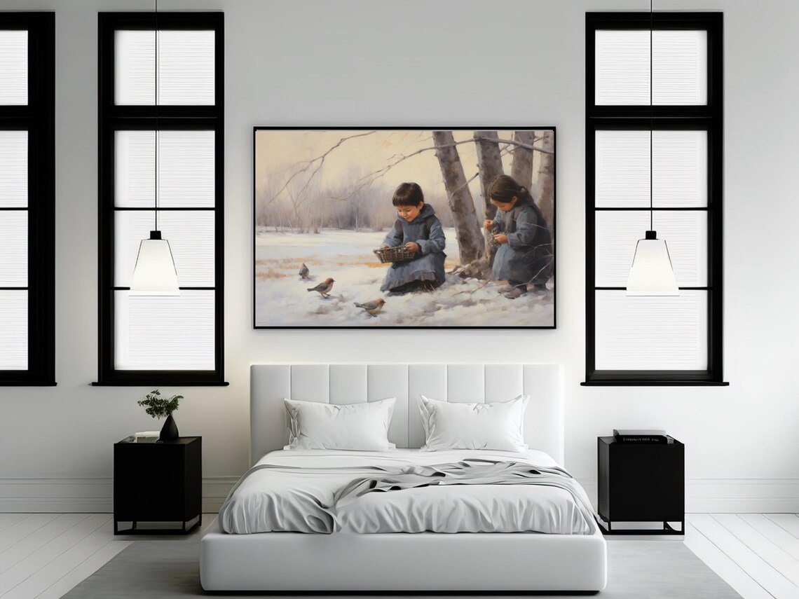 Vintage Winter Landscape, Children Feeding Birds - Image 2