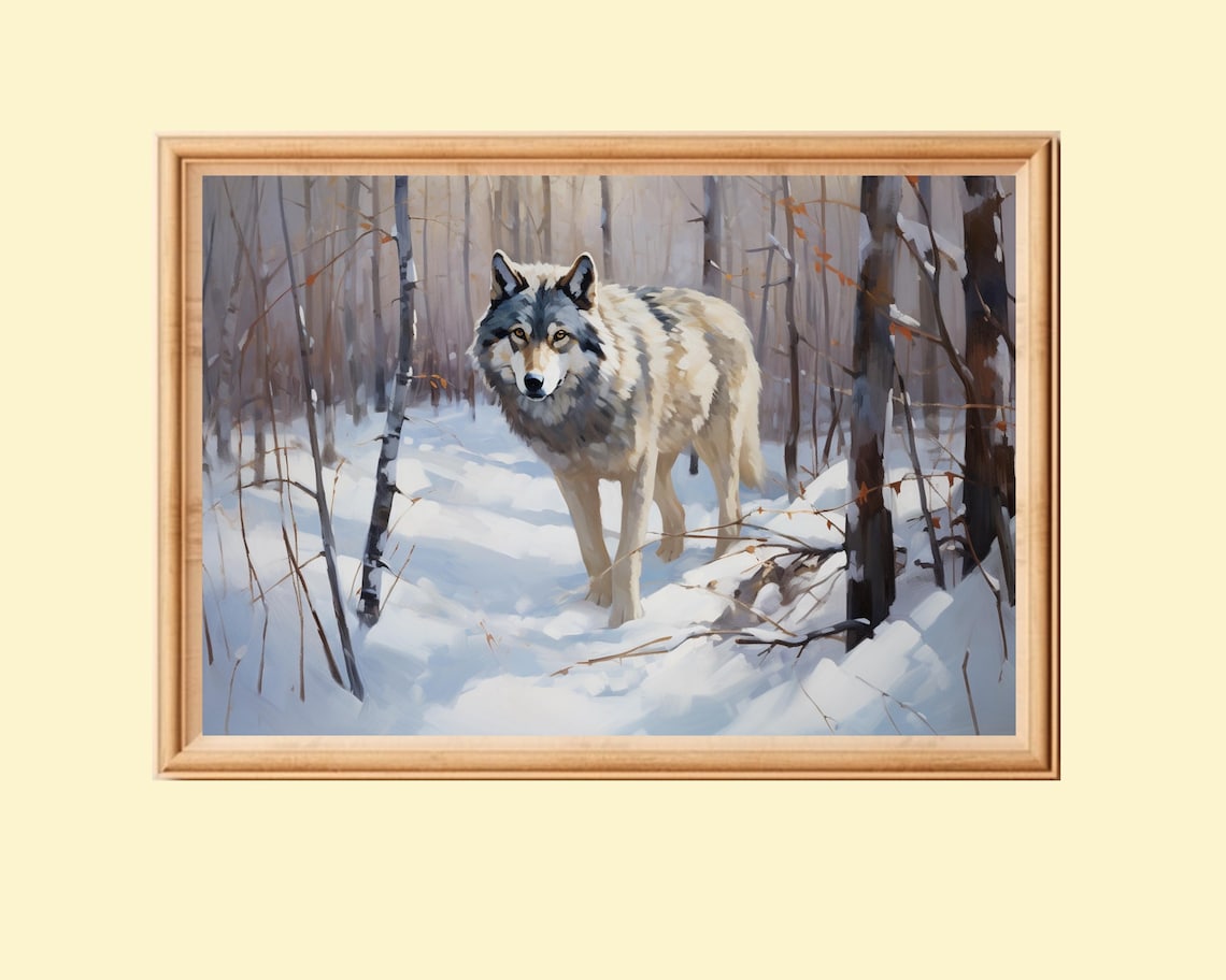 Wolf Painting in a Snowy Forest, Winter Landscape
