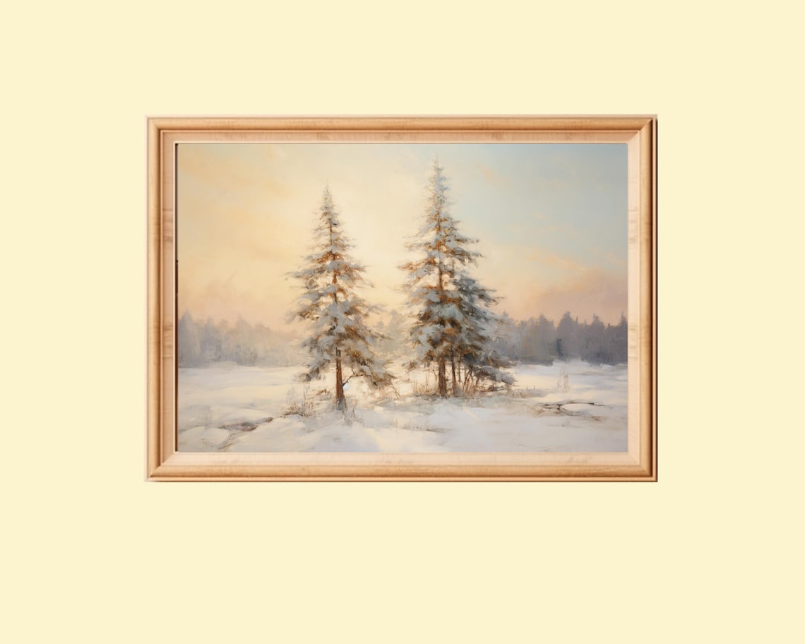Vintage Winter Pine Trees Painting, Christmas Decor
