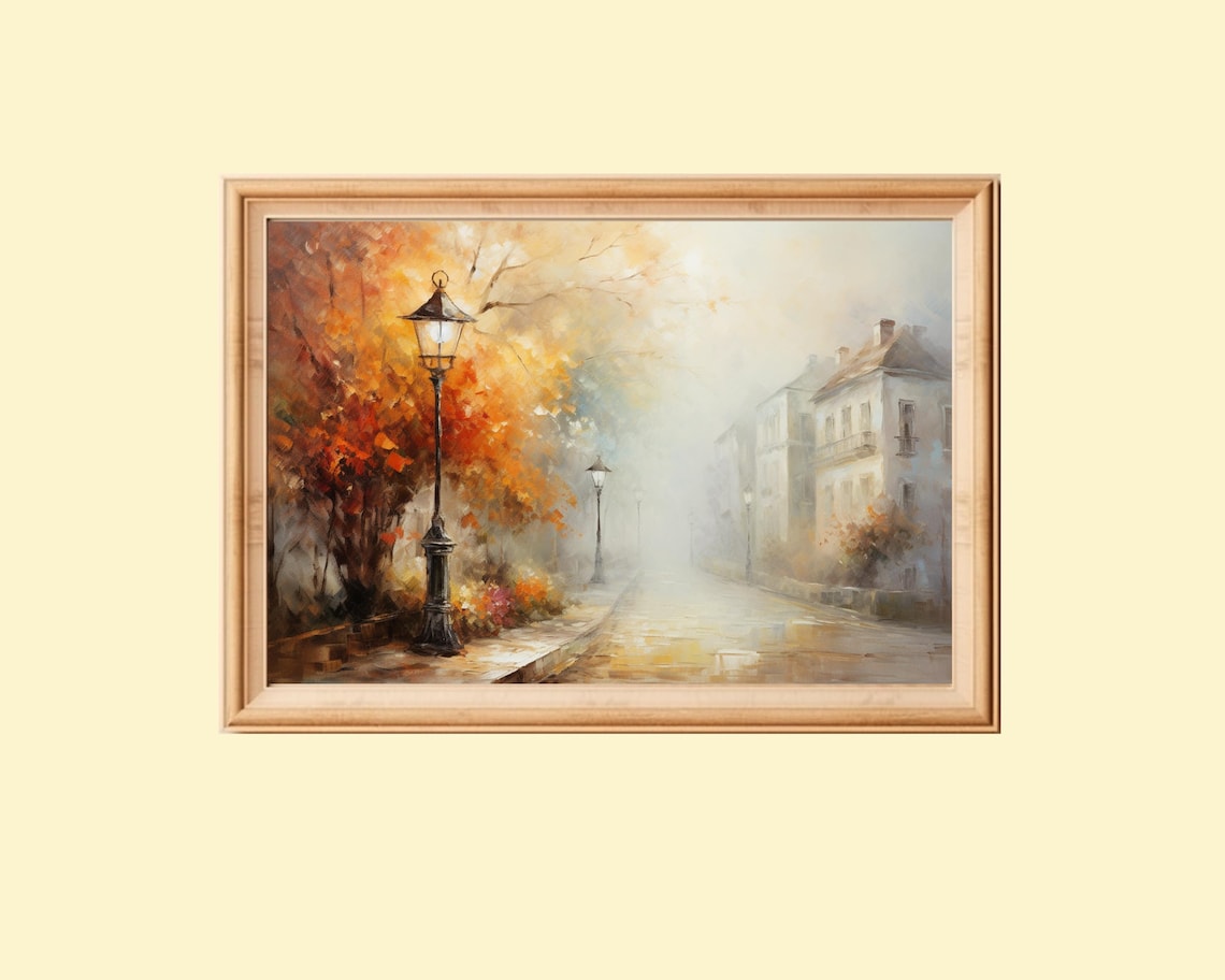 Autumn Wall Art, Vintage Fall City Painting