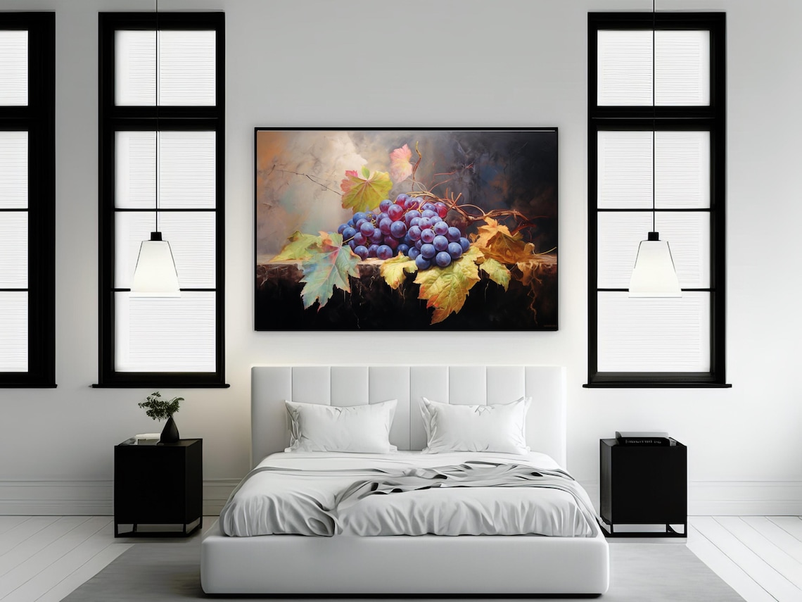 Still Life Painting Grapes, Vintage Kitchen Decor - Image 2
